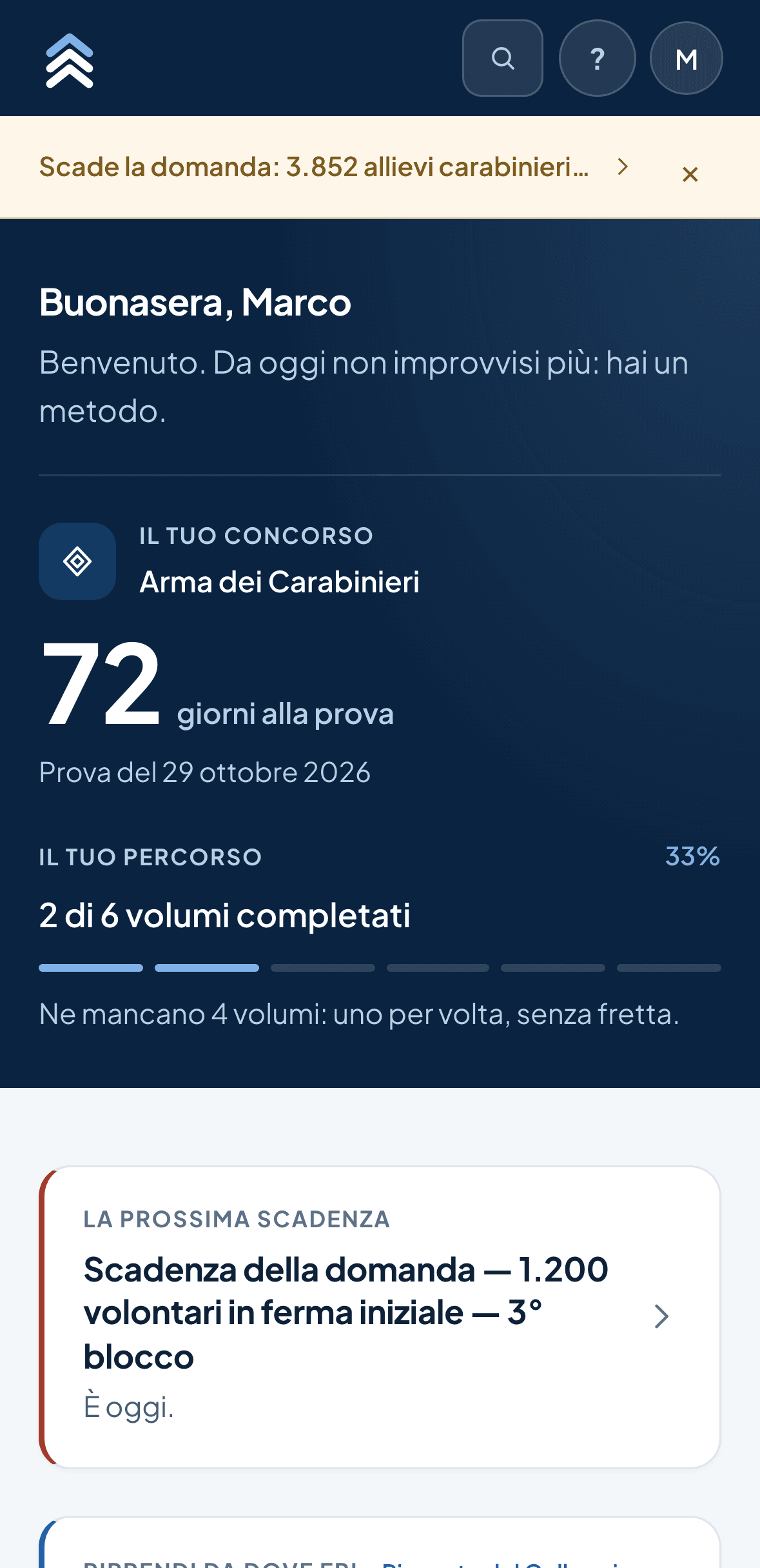 La schermata di apertura: giorni alla prova e avanzamento