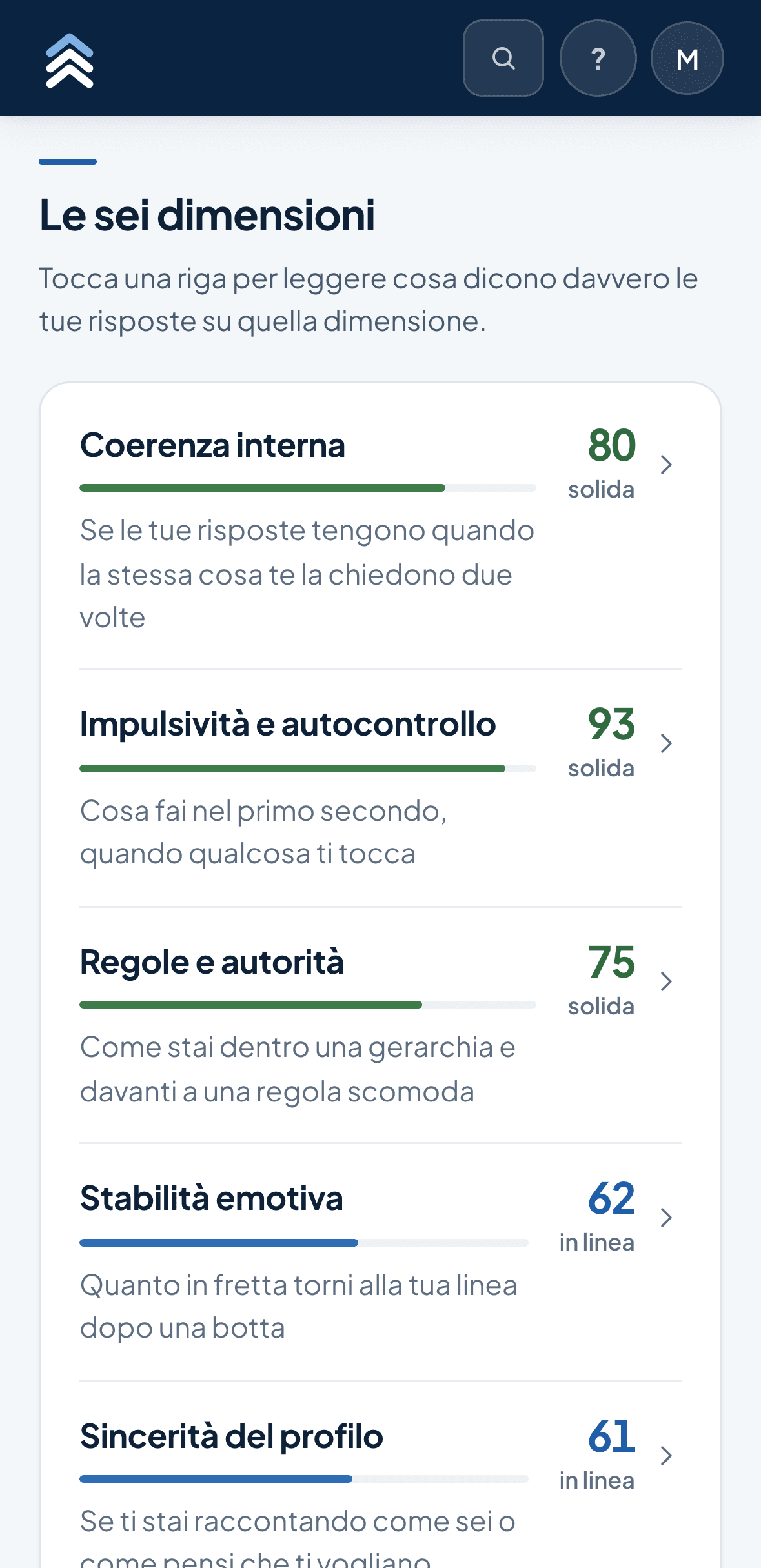 Il referto: le sei dimensioni con i punteggi